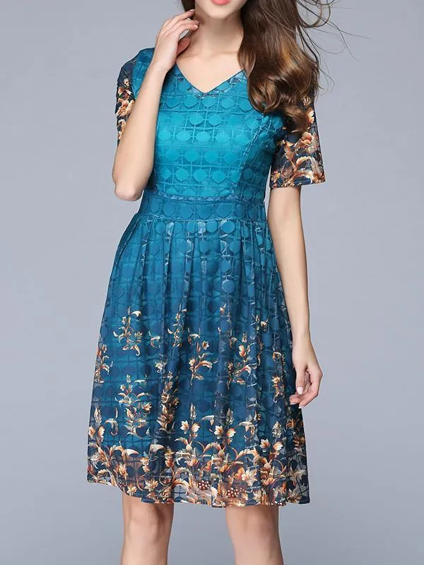 Exquisite Floral-Print Waisted Short Sleeve V Neck Mini Dress