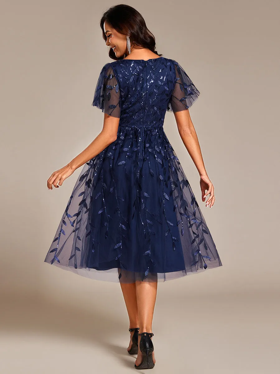 Exquisite Midi Length Ruffles Sleeve Tulle Sequin Dresses with Embroidery