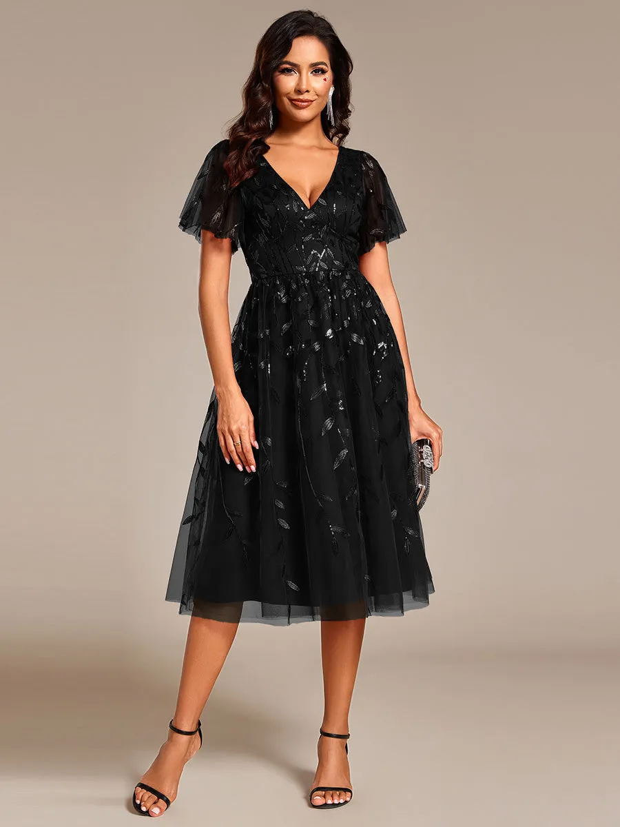 Exquisite Midi Length Ruffles Sleeve Tulle Sequin Dresses with Embroidery