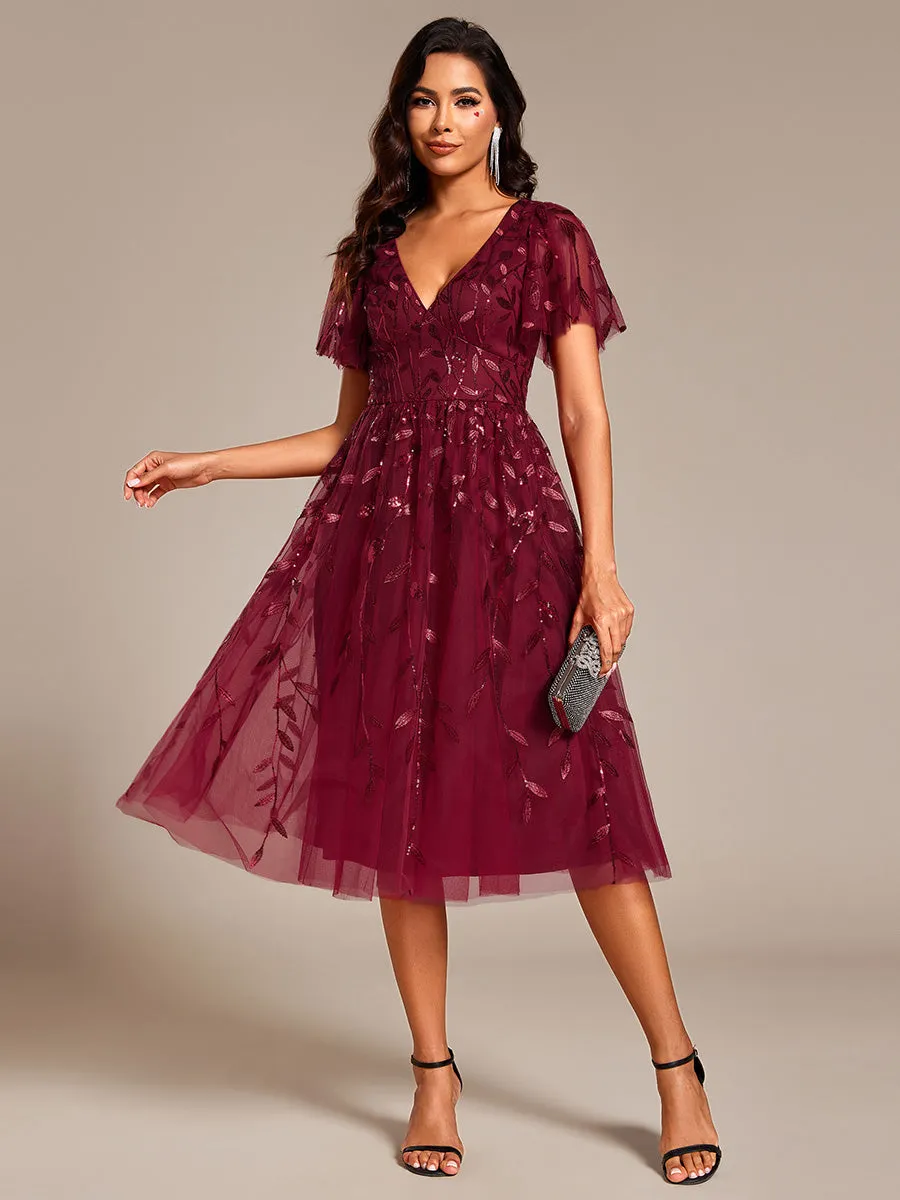 Exquisite Midi Length Ruffles Sleeve Tulle Sequin Dresses with Embroidery