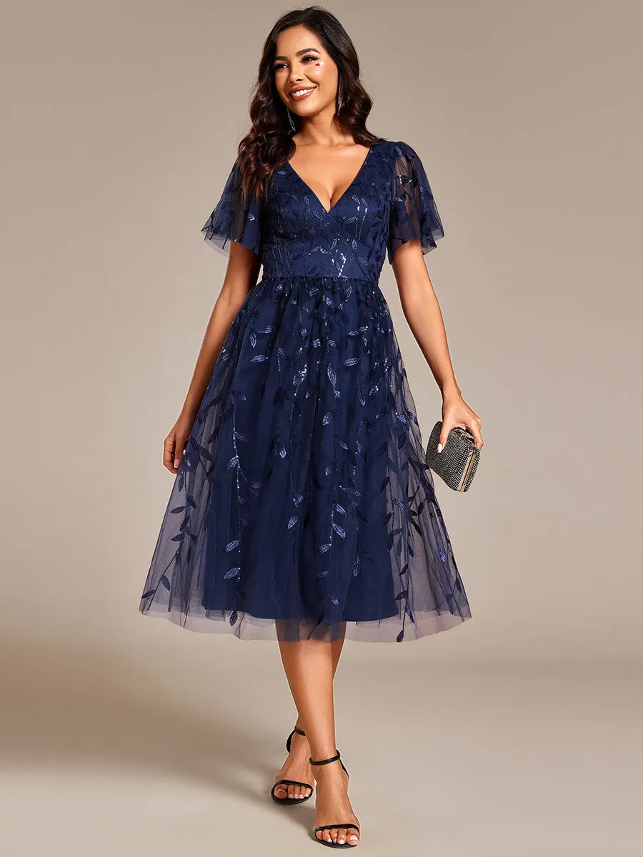 Exquisite Midi Length Ruffles Sleeve Tulle Sequin Dresses with Embroidery