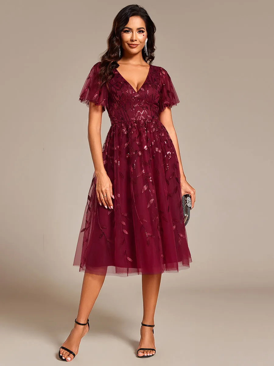 Exquisite Midi Length Ruffles Sleeve Tulle Sequin Dresses with Embroidery