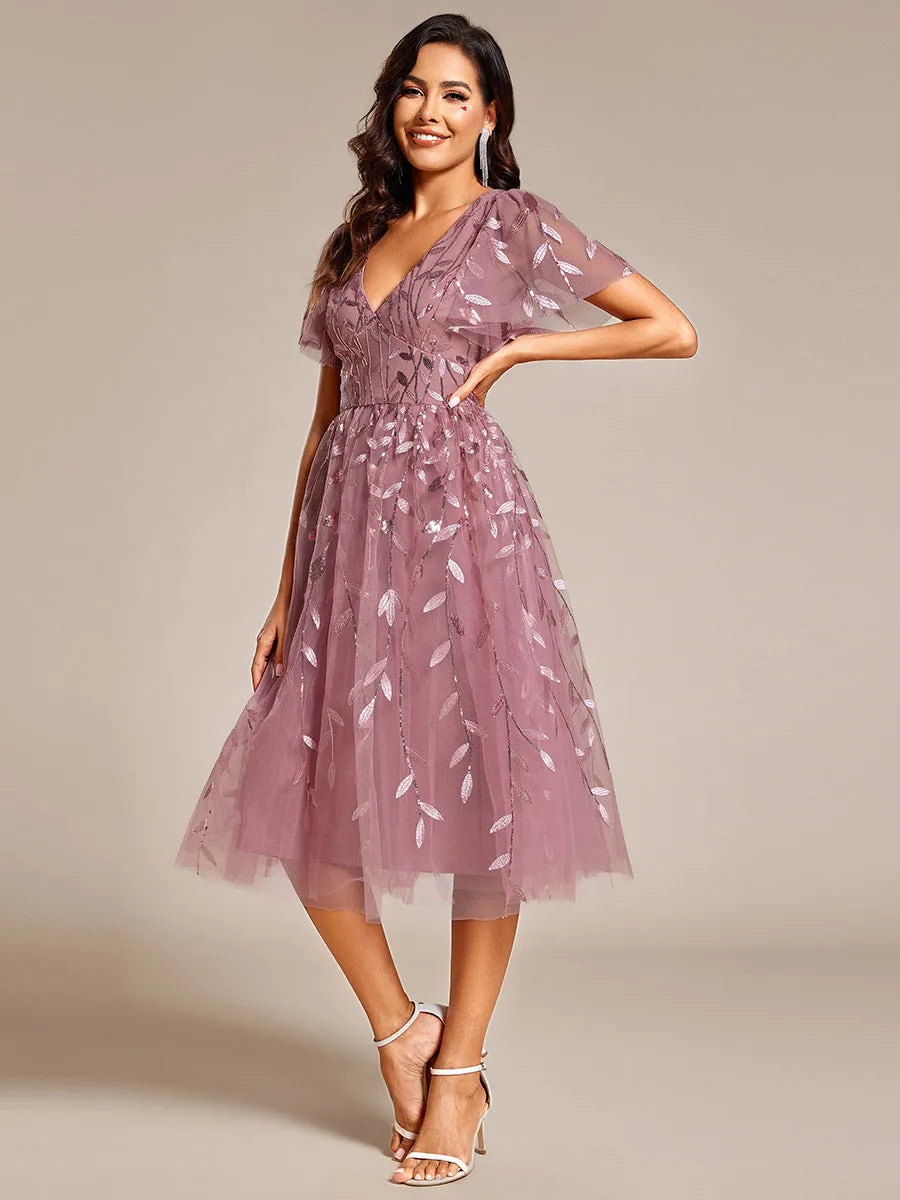 Exquisite Midi Length Ruffles Sleeve Tulle Sequin Dresses with Embroidery