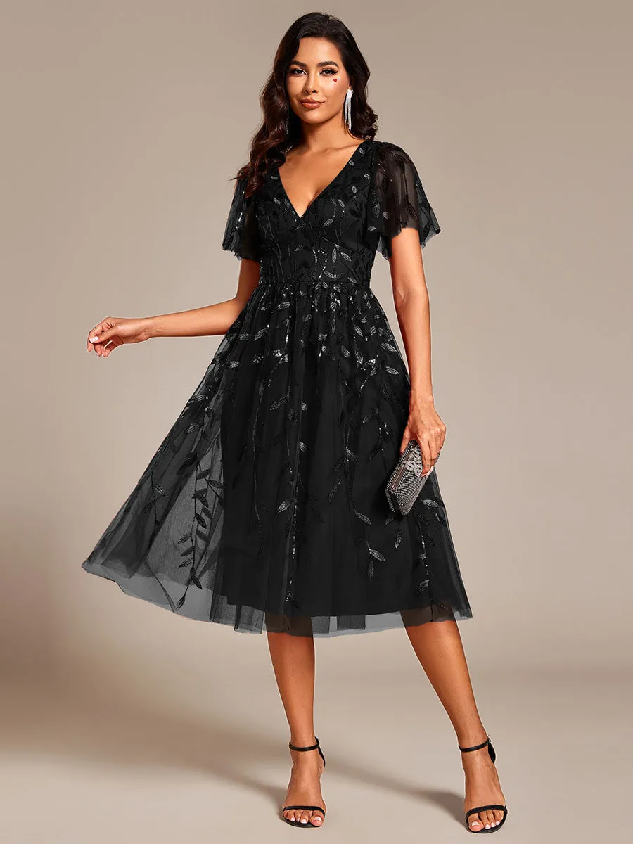 Exquisite Midi Length Ruffles Sleeve Tulle Sequin Dresses with Embroidery