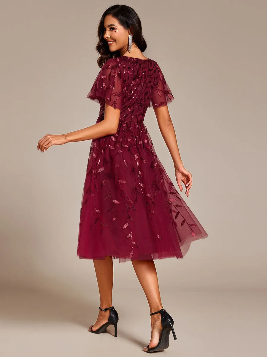 Exquisite Midi Length Ruffles Sleeve Tulle Sequin Dresses with Embroidery