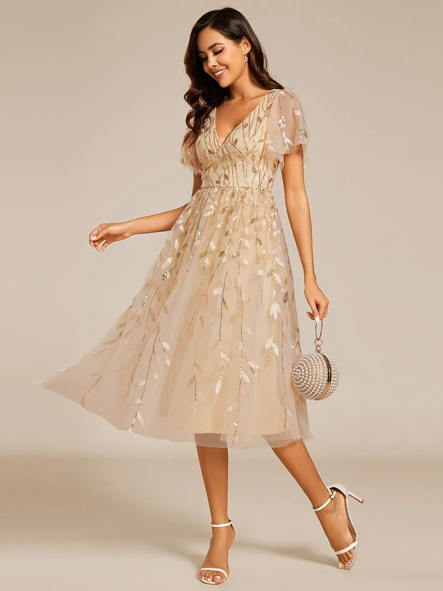 Exquisite Midi Length Ruffles Sleeve Tulle Sequin Dresses with Embroidery