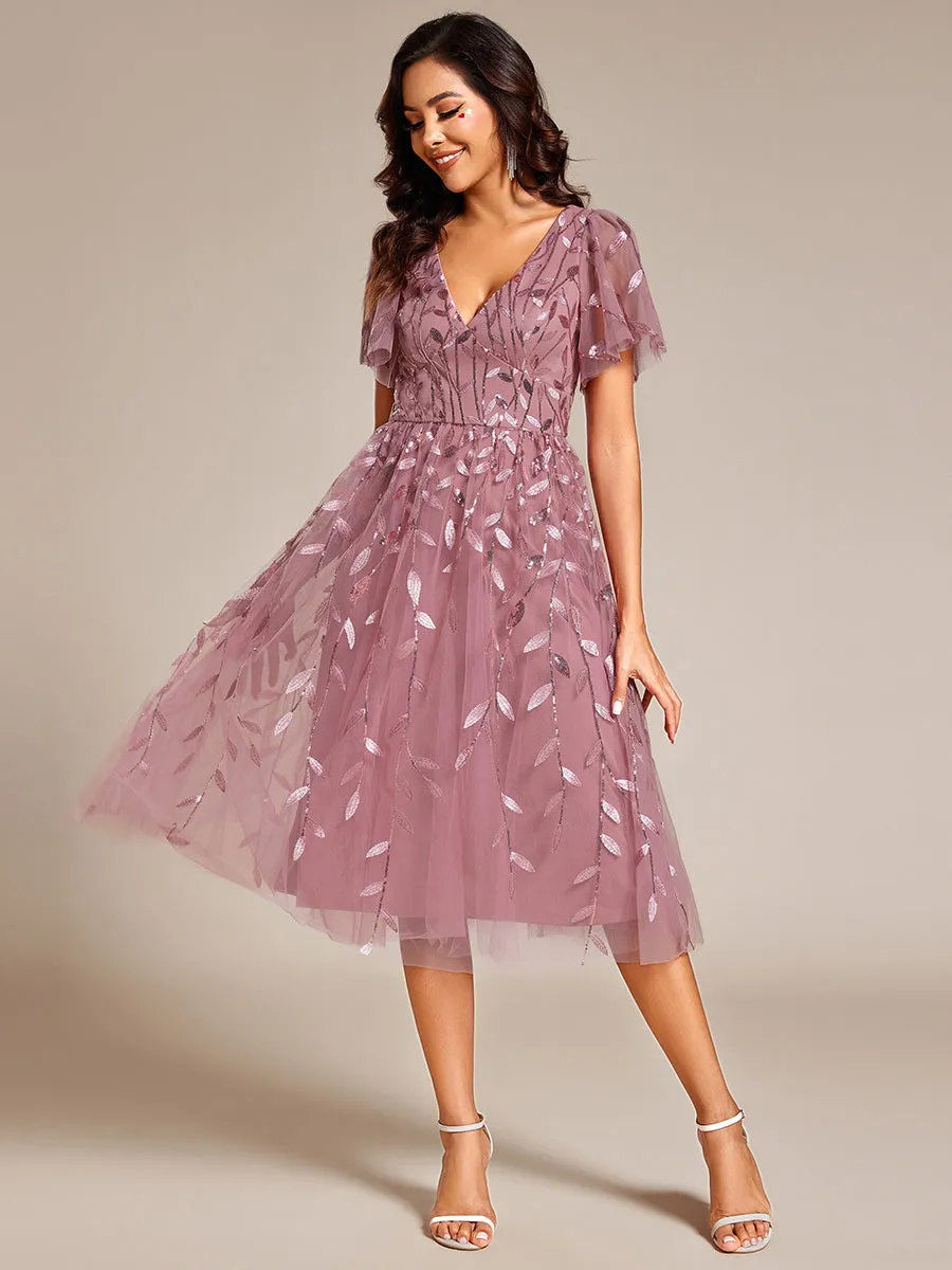 Exquisite Midi Length Ruffles Sleeve Tulle Sequin Dresses with Embroidery