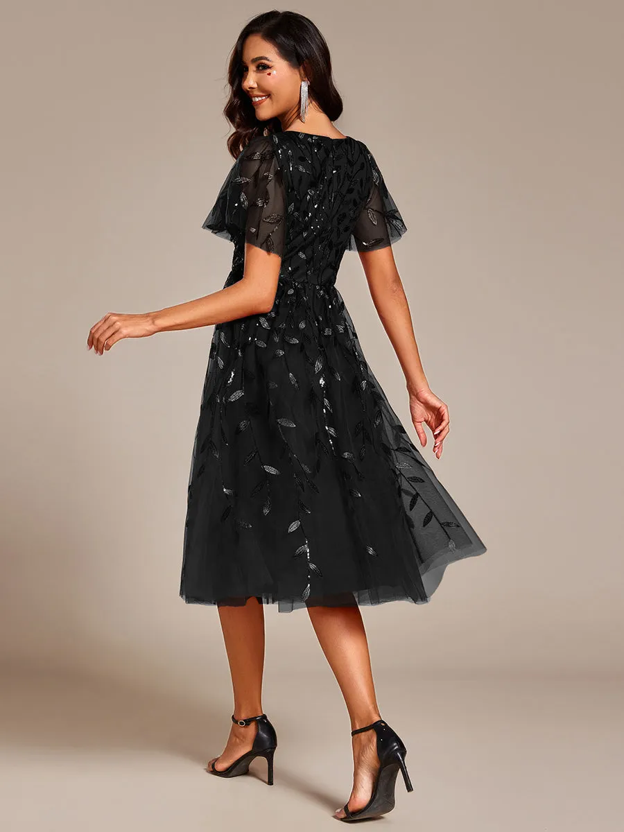 Exquisite Midi Length Ruffles Sleeve Tulle Sequin Dresses with Embroidery