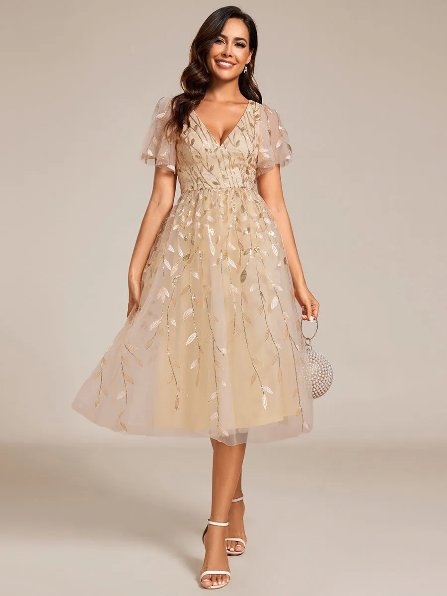 Exquisite Midi Length Ruffles Sleeve Tulle Sequin Dresses with Embroidery