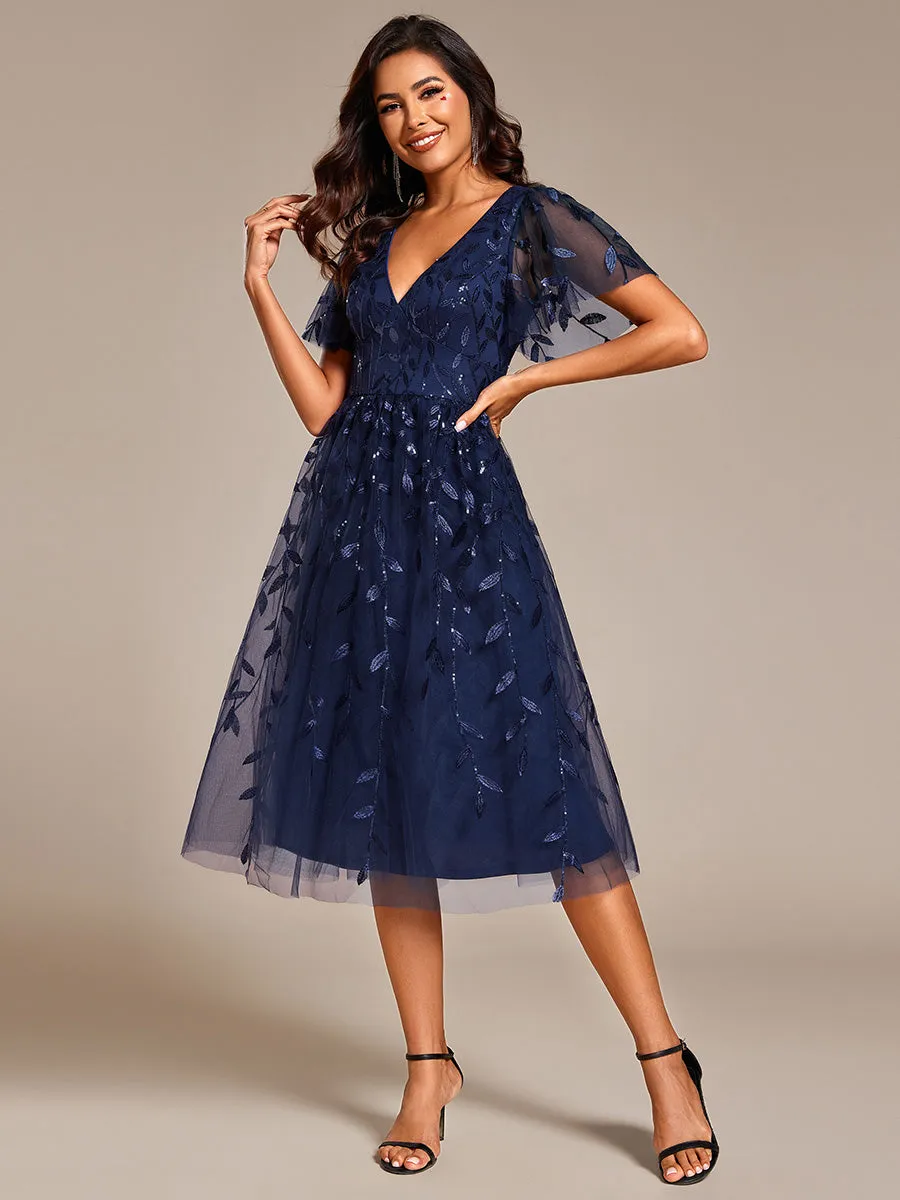 Exquisite Midi Length Ruffles Sleeve Tulle Sequin Dresses with Embroidery