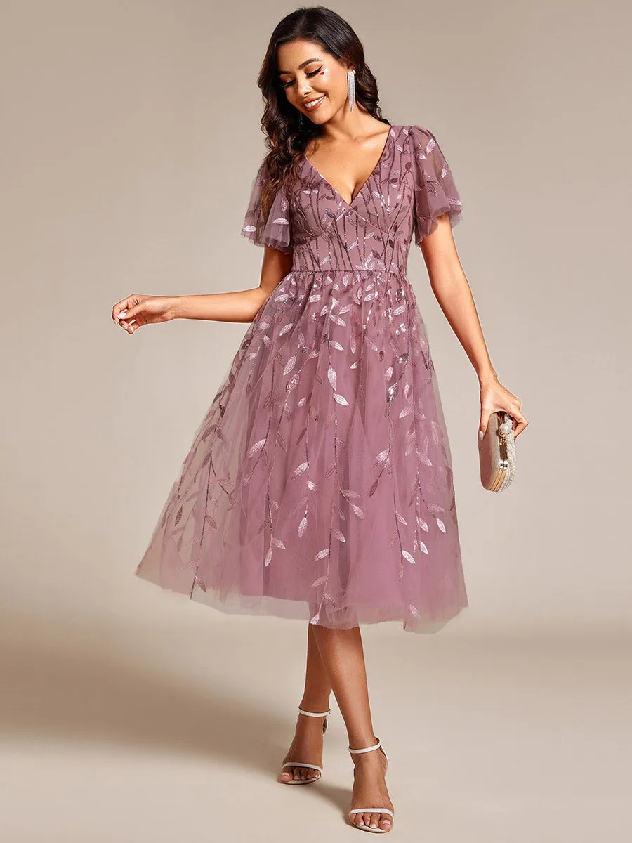 Exquisite Midi Length Ruffles Sleeve Tulle Sequin Dresses with Embroidery