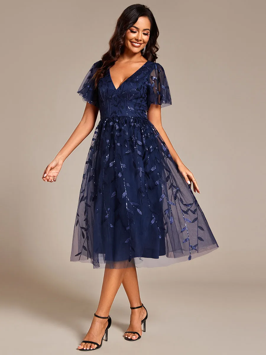 Exquisite Midi Length Ruffles Sleeve Tulle Sequin Dresses with Embroidery