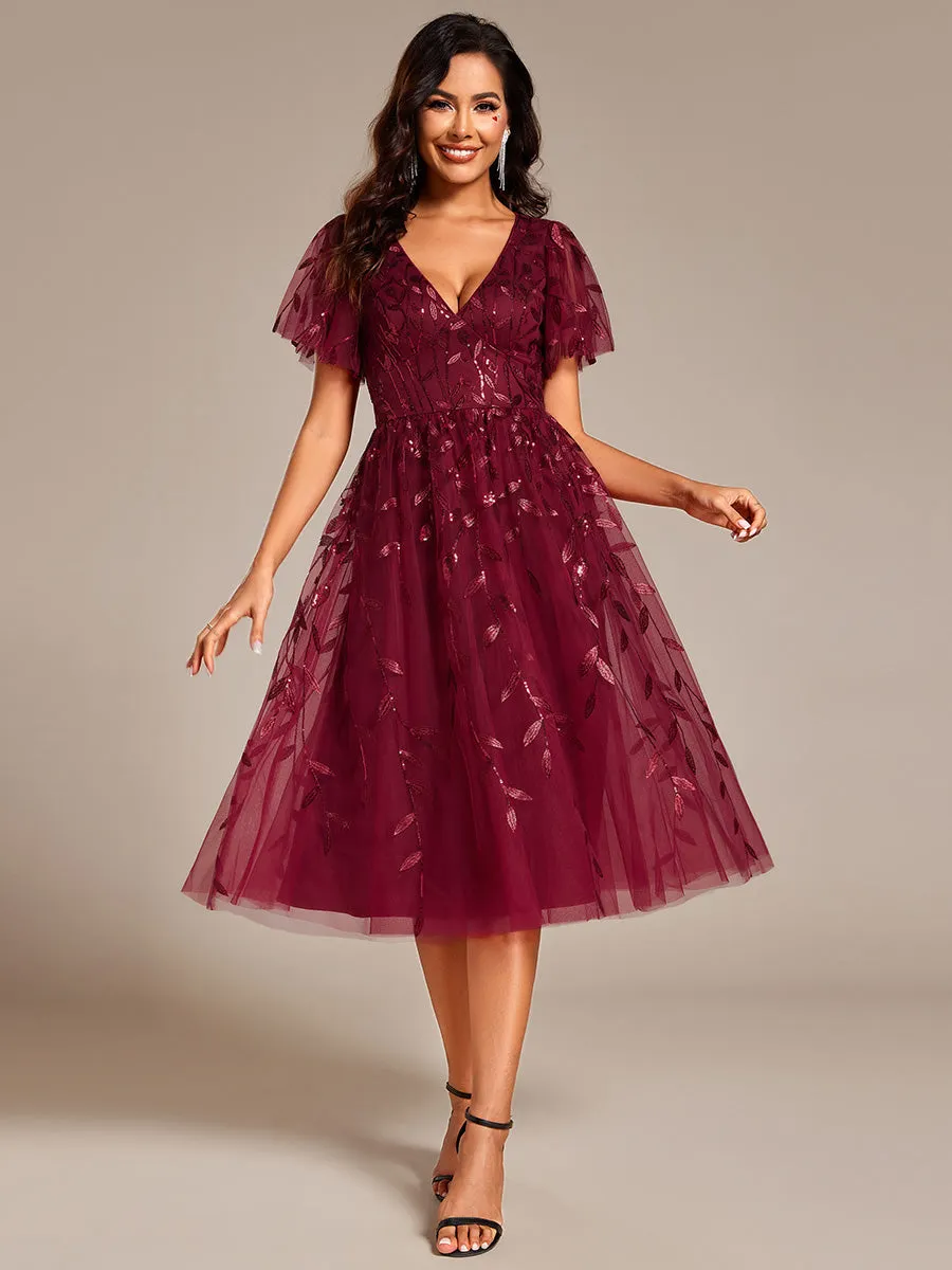 Exquisite Midi Length Ruffles Sleeve Tulle Sequin Dresses with Embroidery