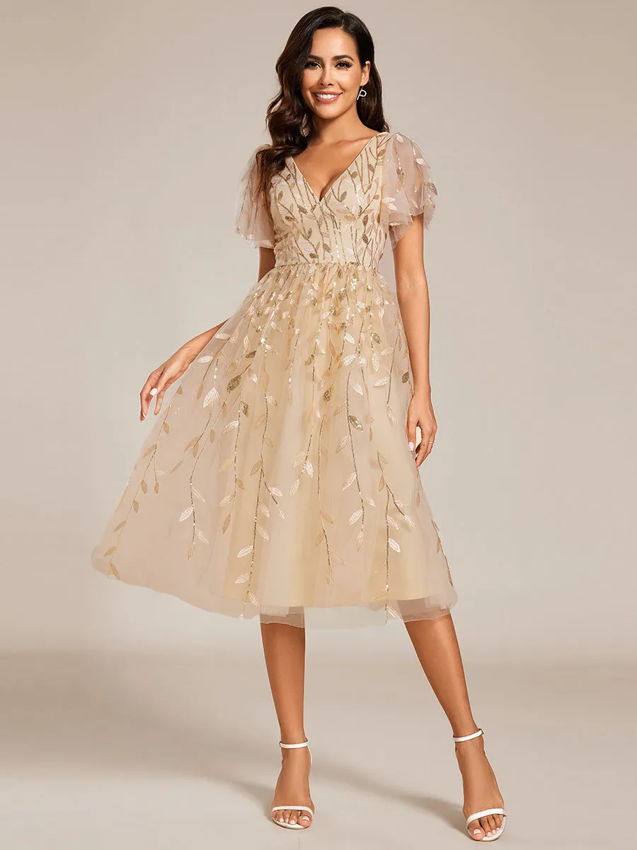 Exquisite Midi Length Ruffles Sleeve Tulle Sequin Dresses with Embroidery