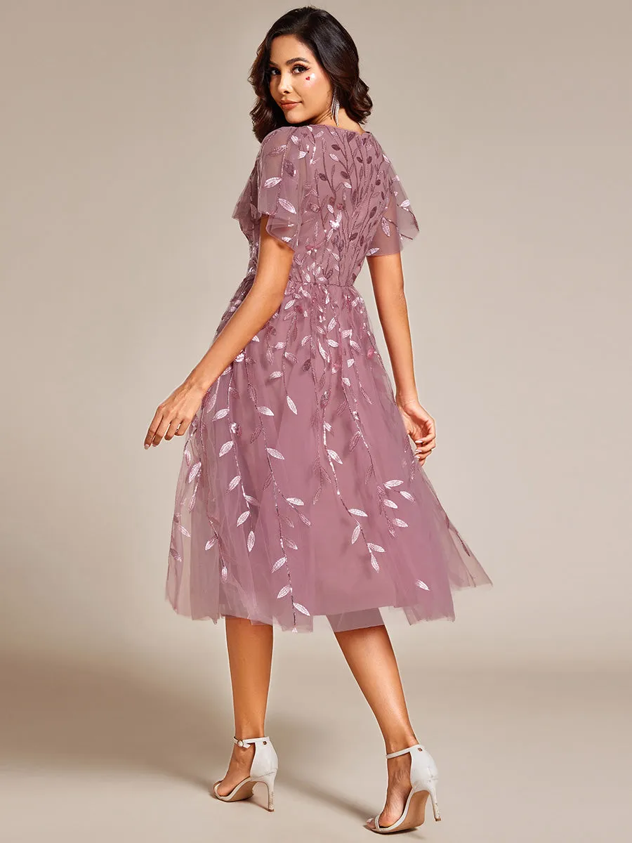 Exquisite Midi Length Ruffles Sleeve Tulle Sequin Dresses with Embroidery