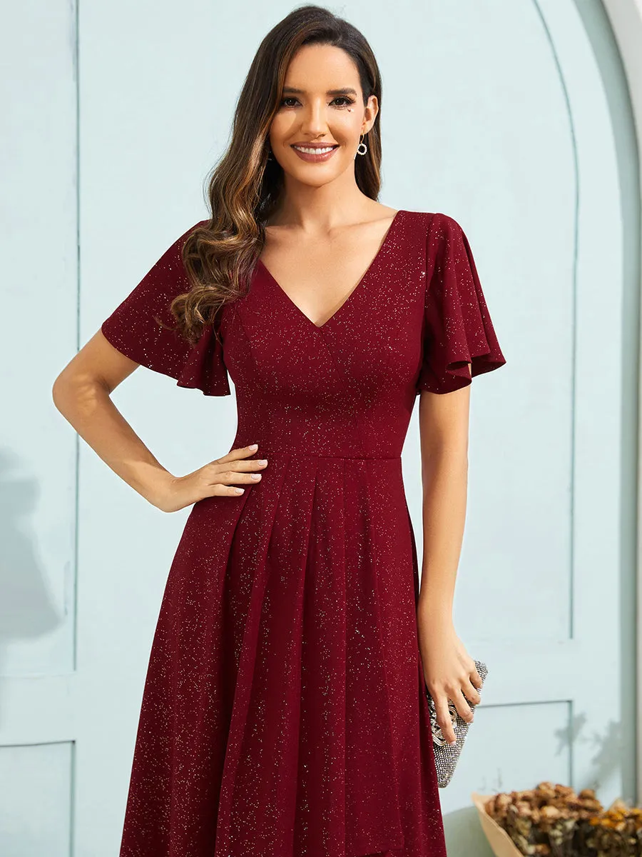 Exquisite V Neck Ruffles Sleeve High Stretch Satin Sequin Dresses with Asymmetrical Hem