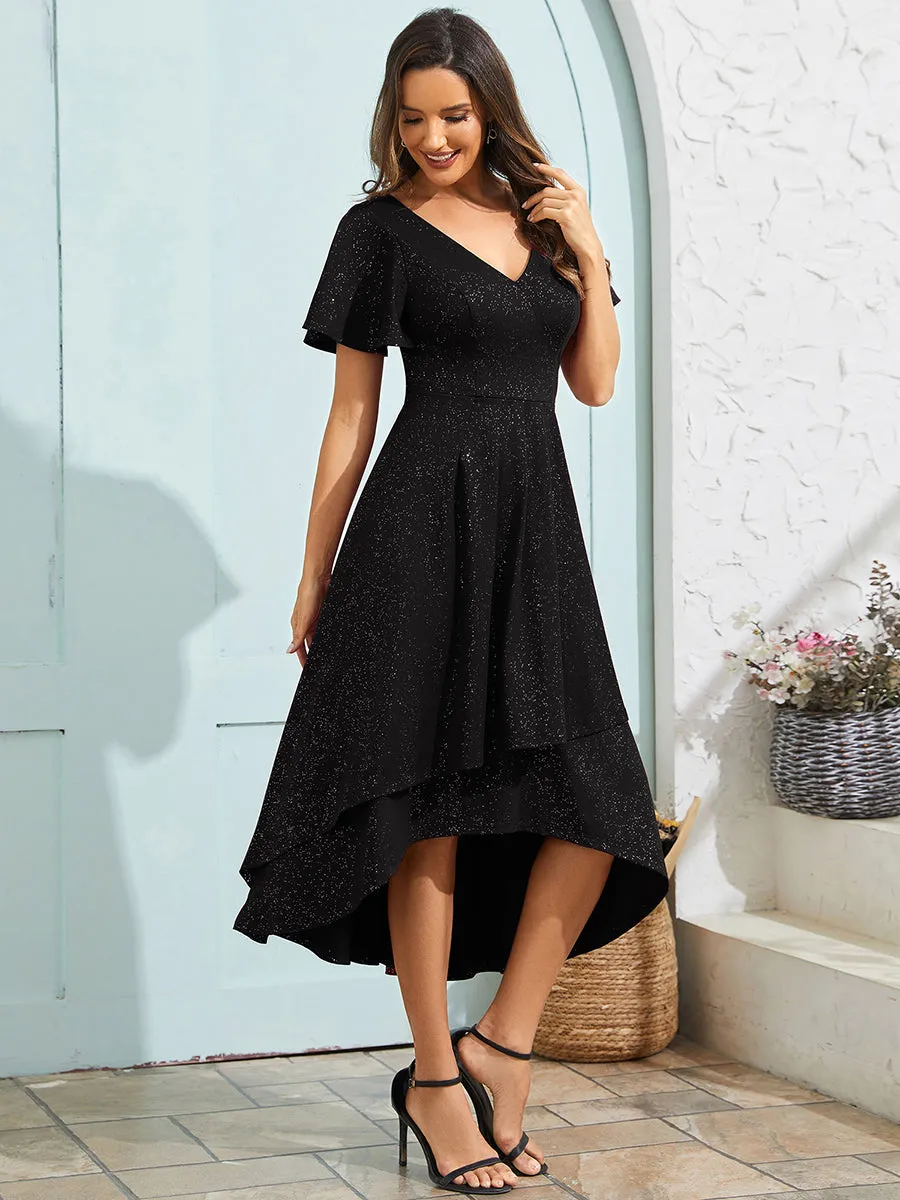 Exquisite V Neck Ruffles Sleeve High Stretch Satin Sequin Dresses with Asymmetrical Hem