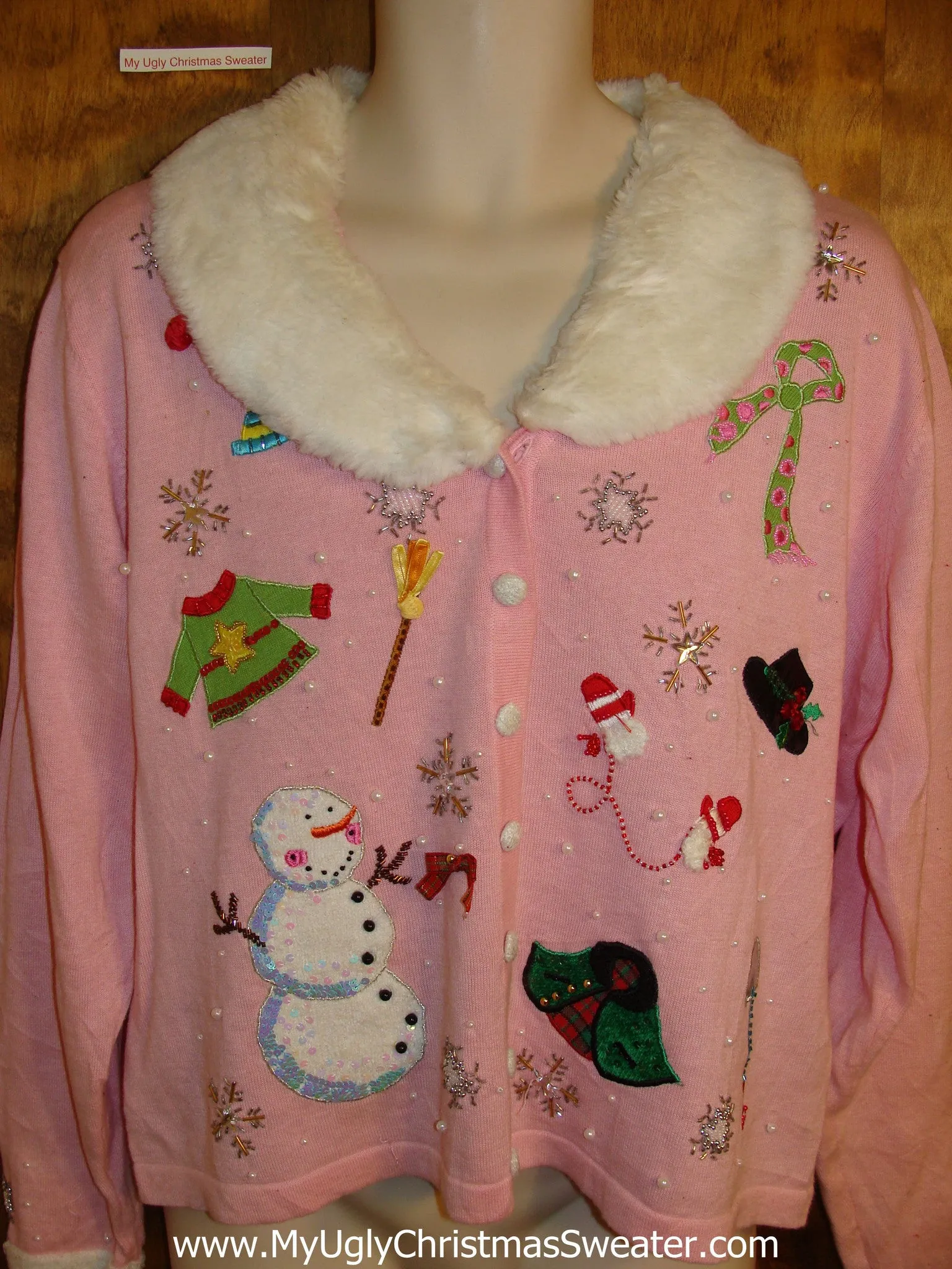 Fancy Pink Holiday Sweater with Fluffy Collar