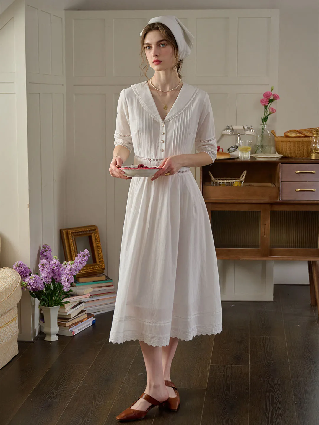 Fiona Cotton White Midi Dress