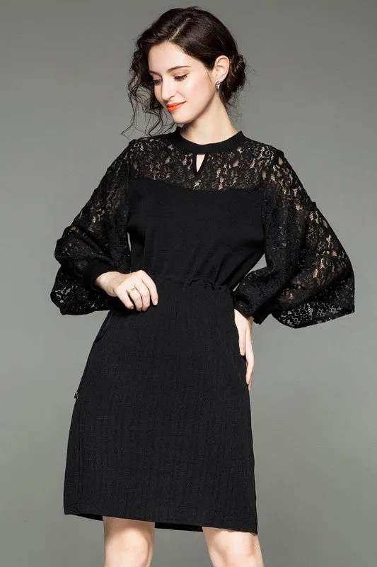 Fit and Flare Dress W/ Lace Contrast