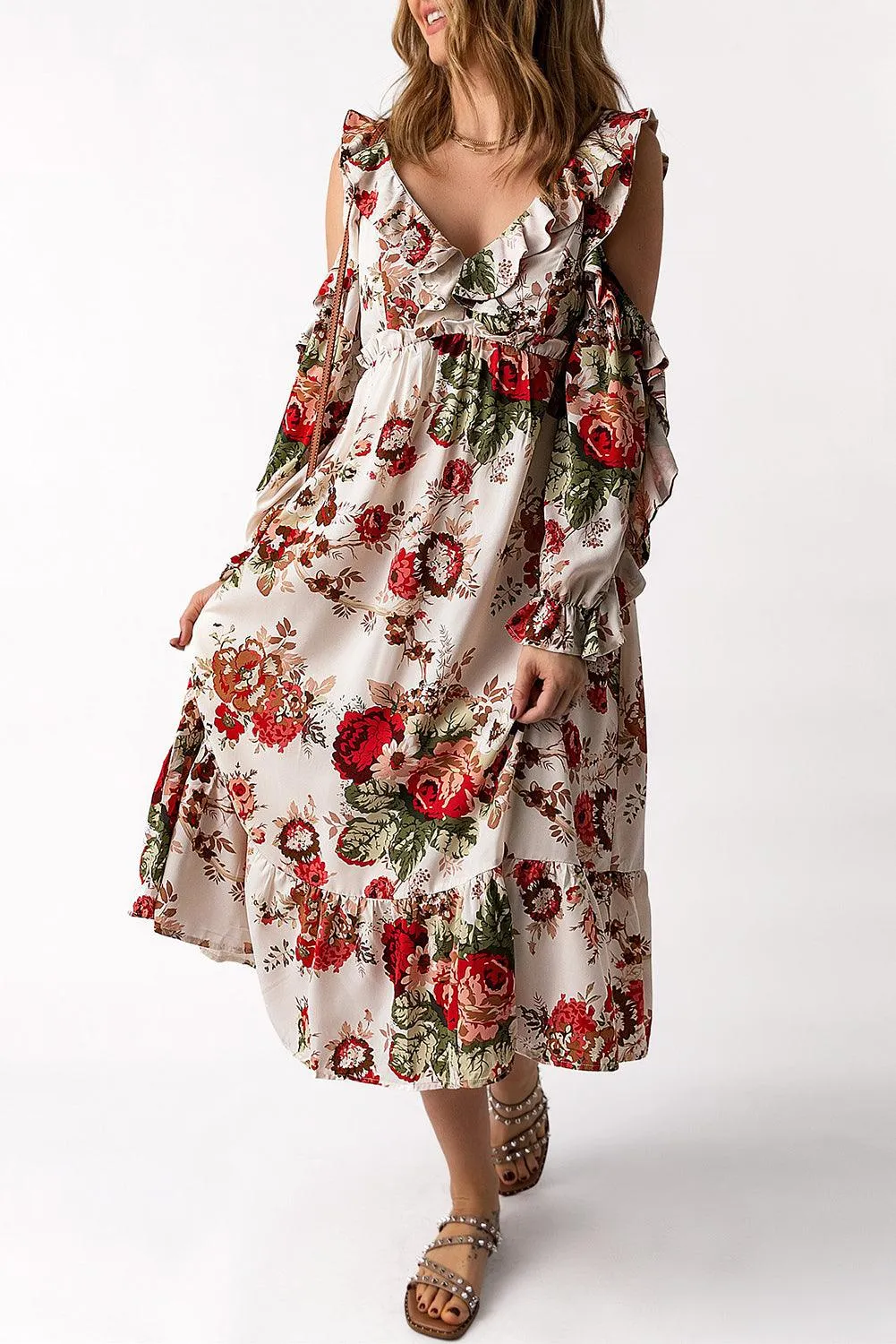 Floral Cold-Shoulder Ruffled Dress