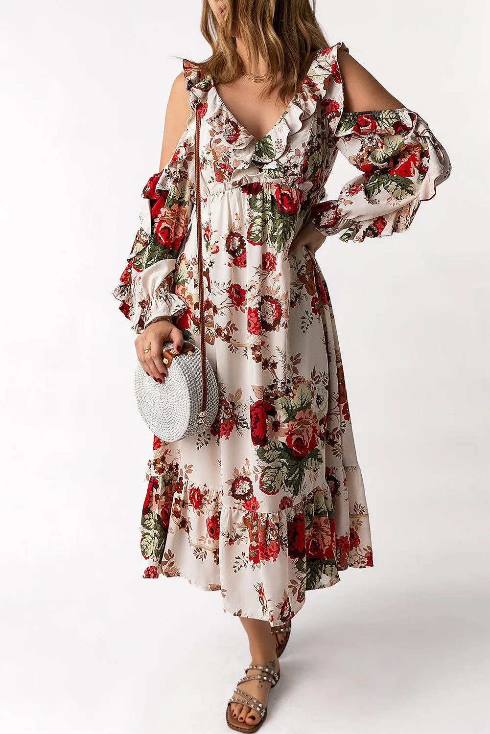 Floral Cold-Shoulder Ruffled Dress