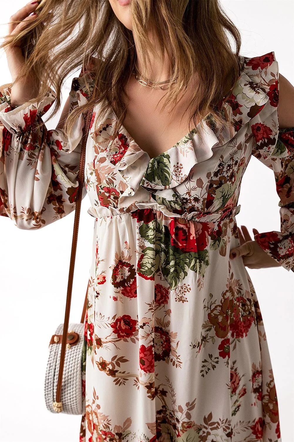 Floral Cold-Shoulder Ruffled Dress