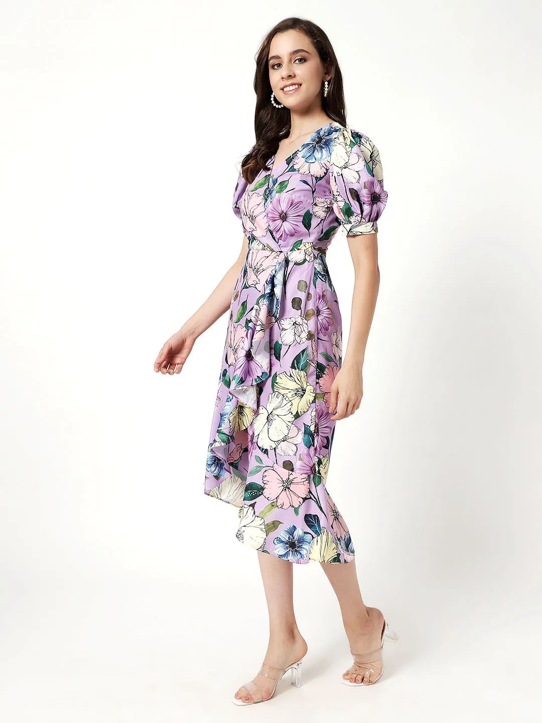 Floral Digital Printed High-Low Midi Dress