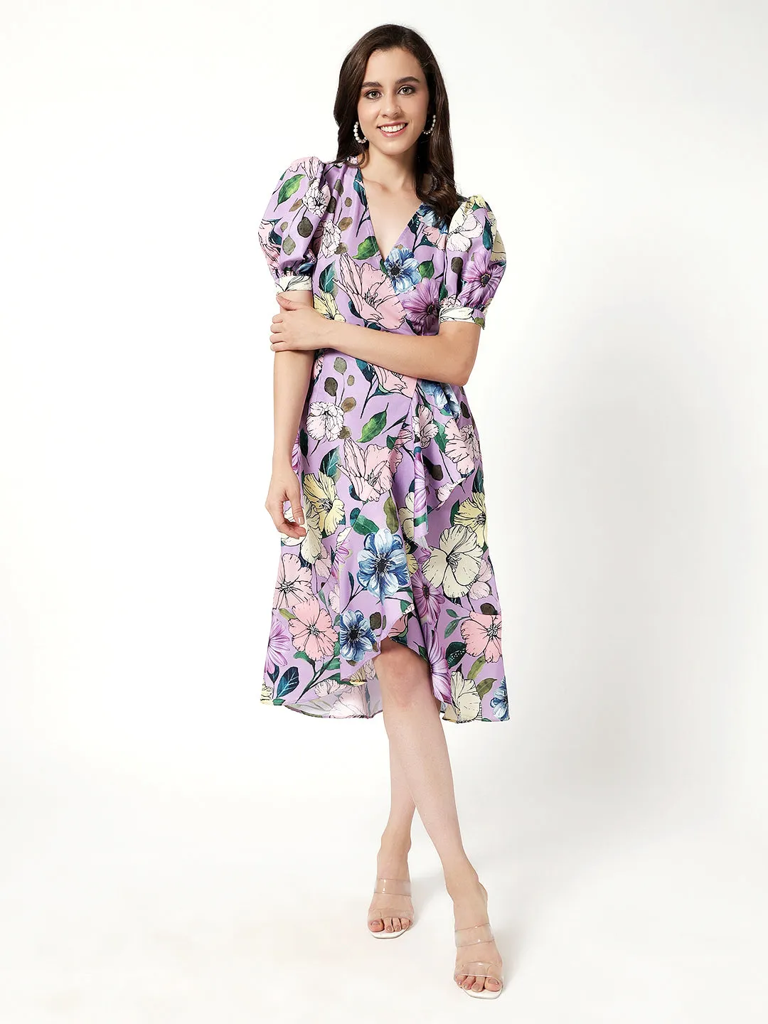 Floral Digital Printed High-Low Midi Dress