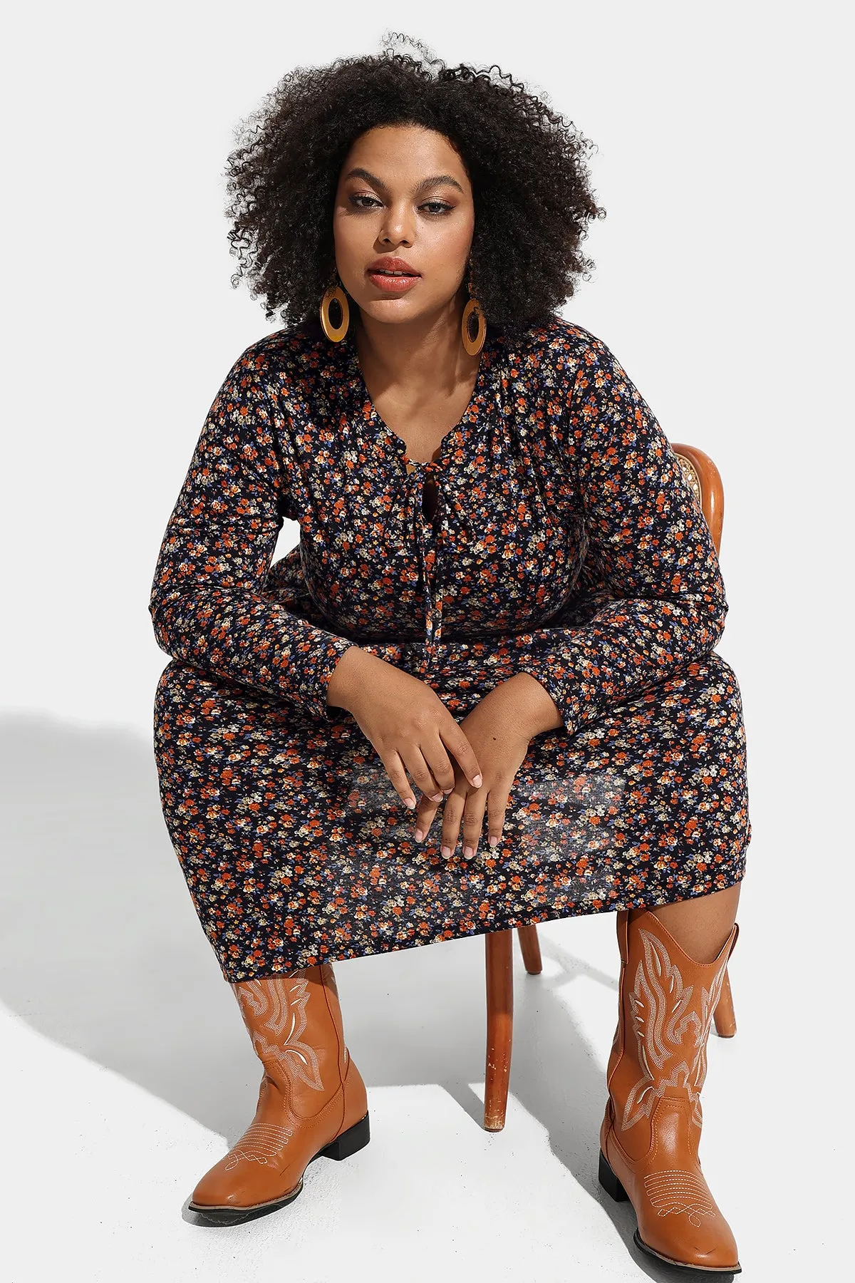 Floral Drawstring V Neck Flowy Pockets Midi Dress