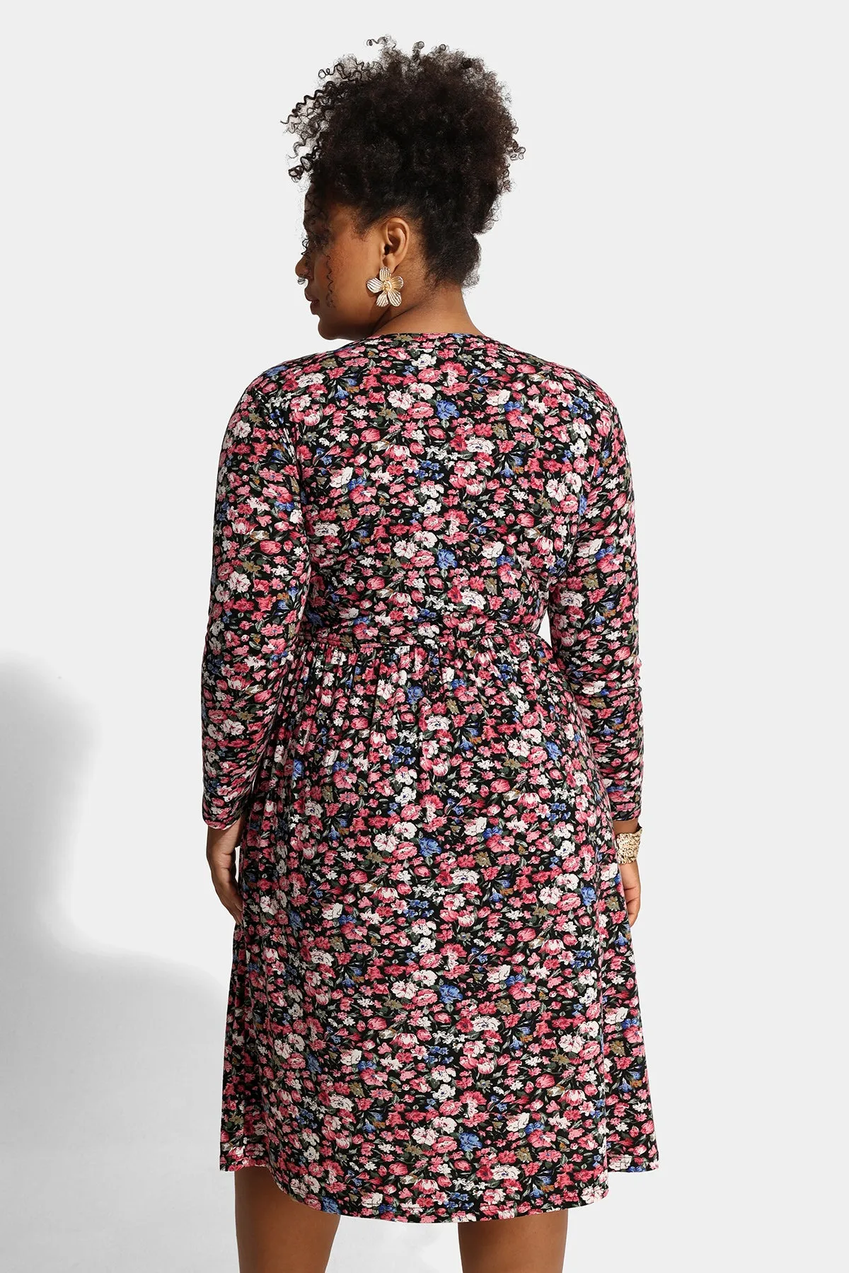 Floral Drawstring V Neck Flowy Pockets Midi Dress