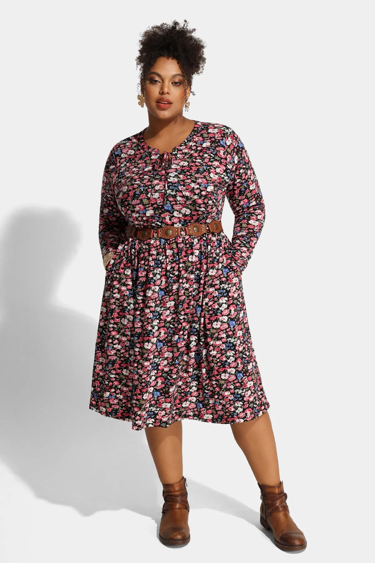 Floral Drawstring V Neck Flowy Pockets Midi Dress