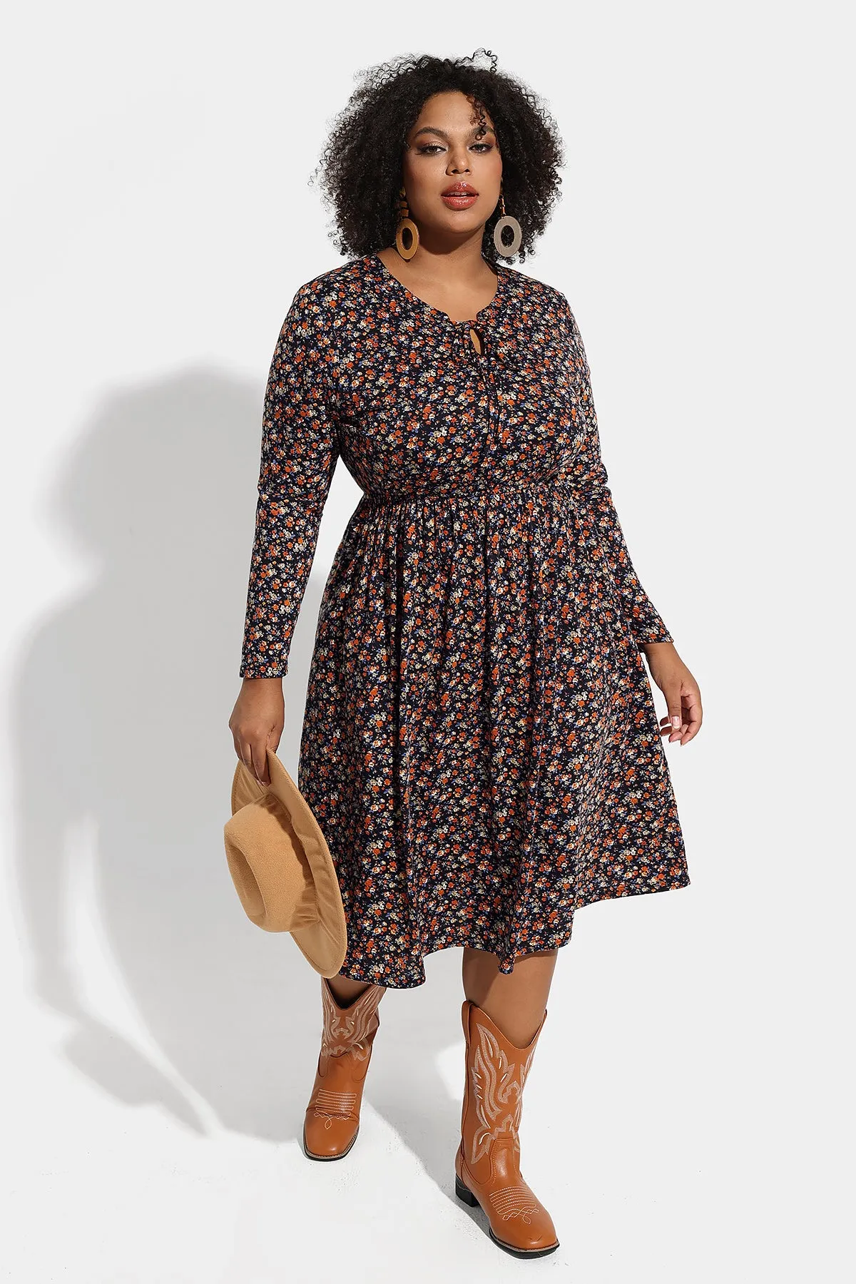 Floral Drawstring V Neck Flowy Pockets Midi Dress