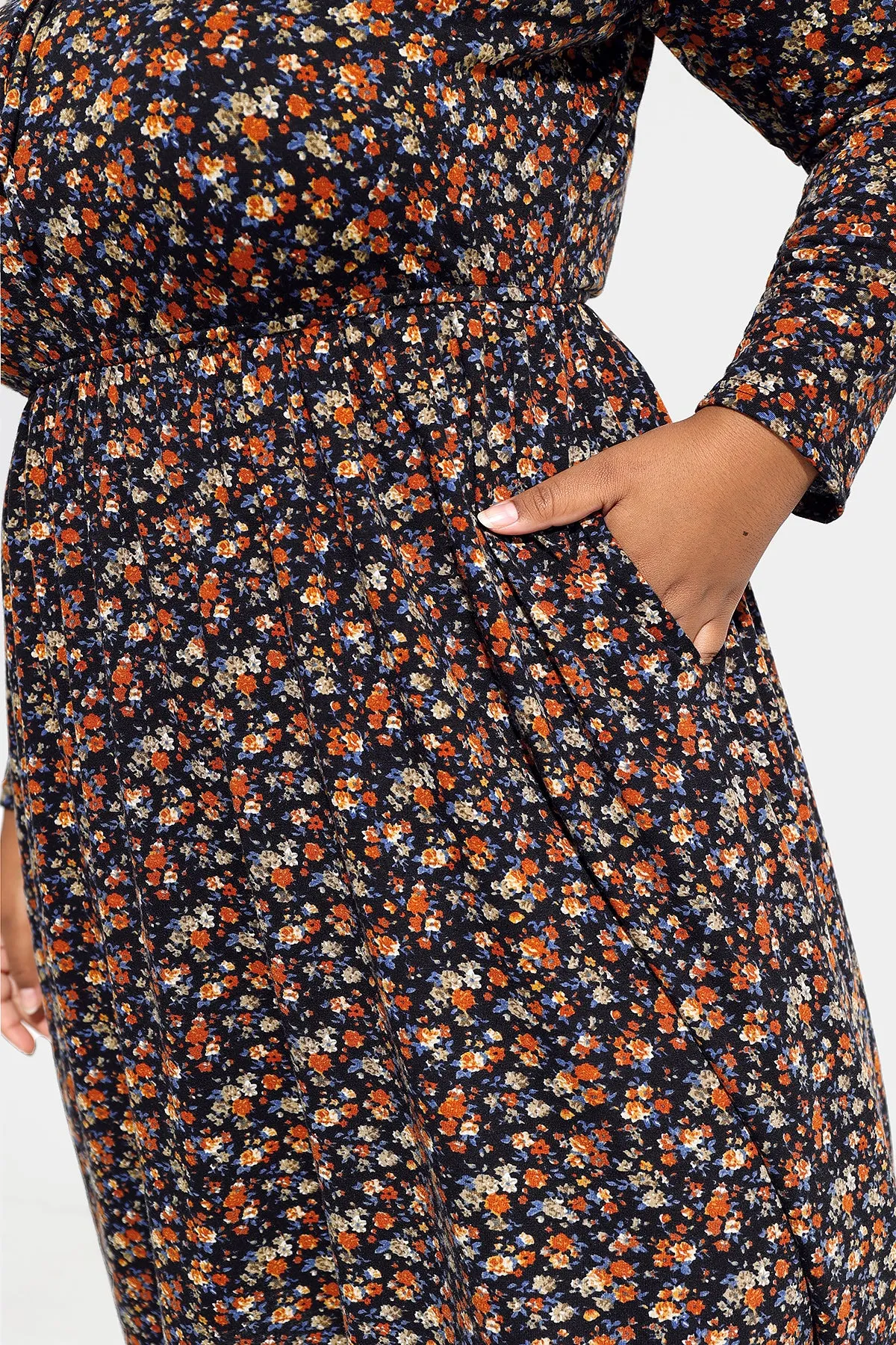 Floral Drawstring V Neck Flowy Pockets Midi Dress