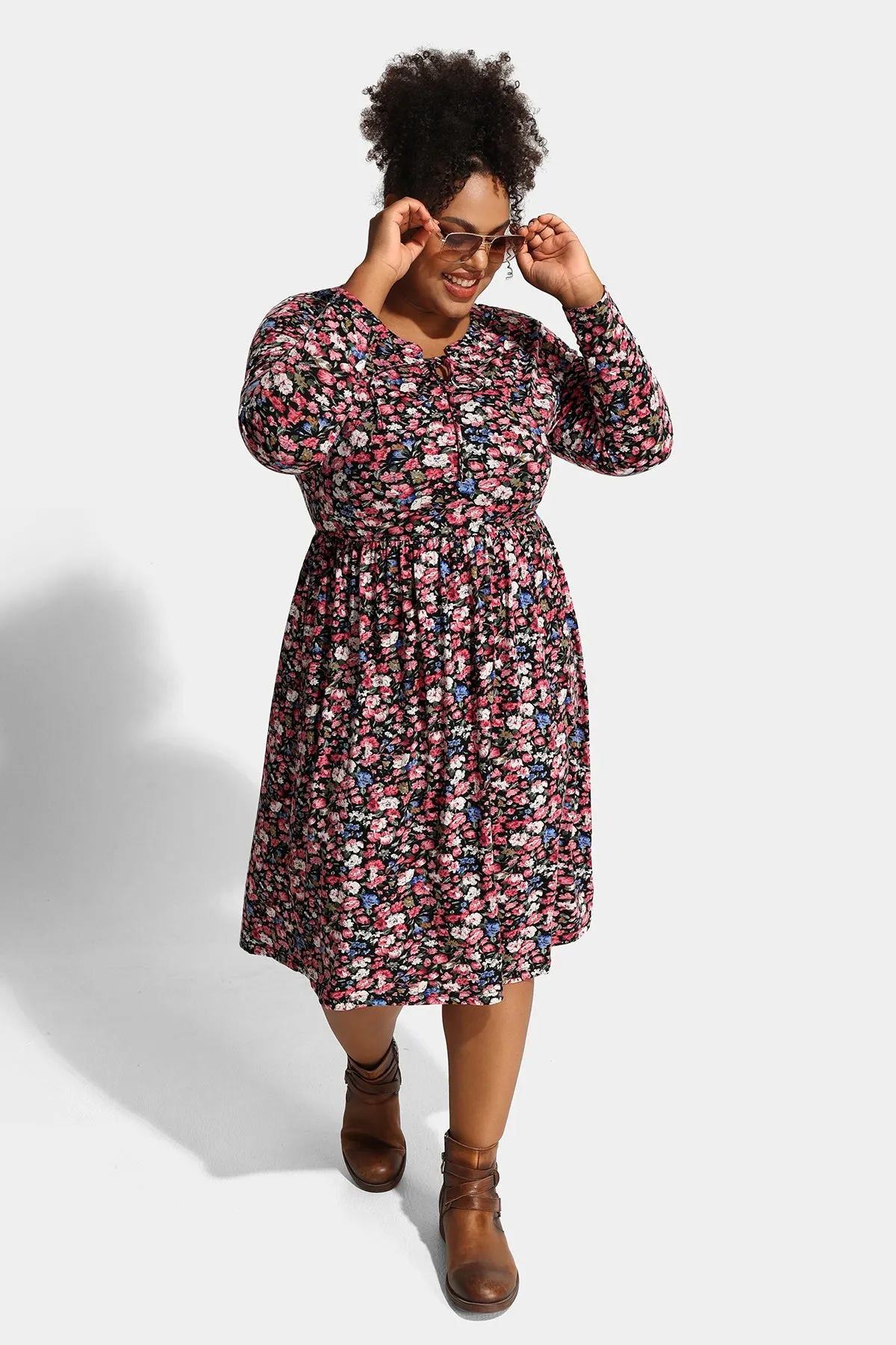 Floral Drawstring V Neck Flowy Pockets Midi Dress