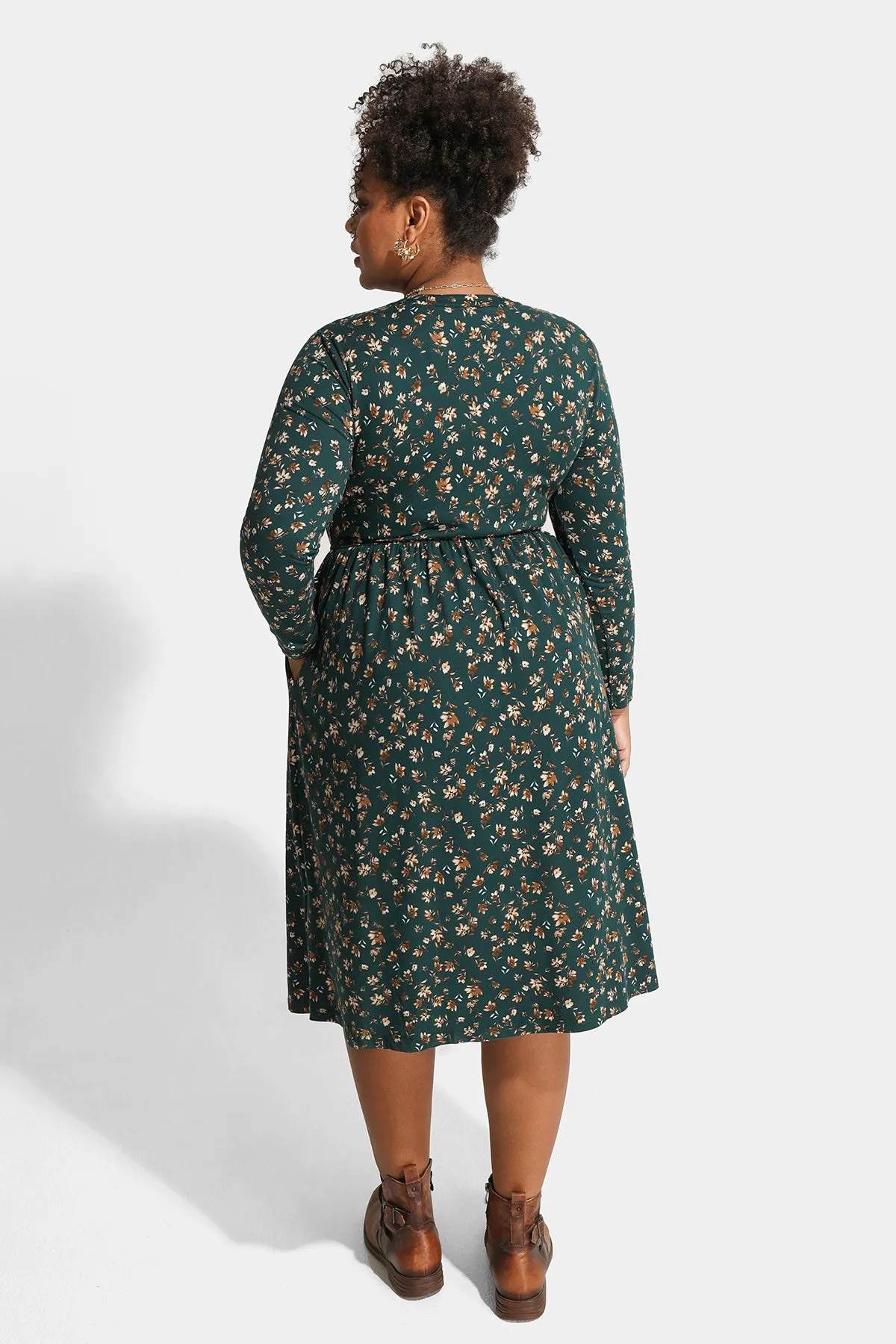 Floral Drawstring V Neck Flowy Pockets Midi Dress