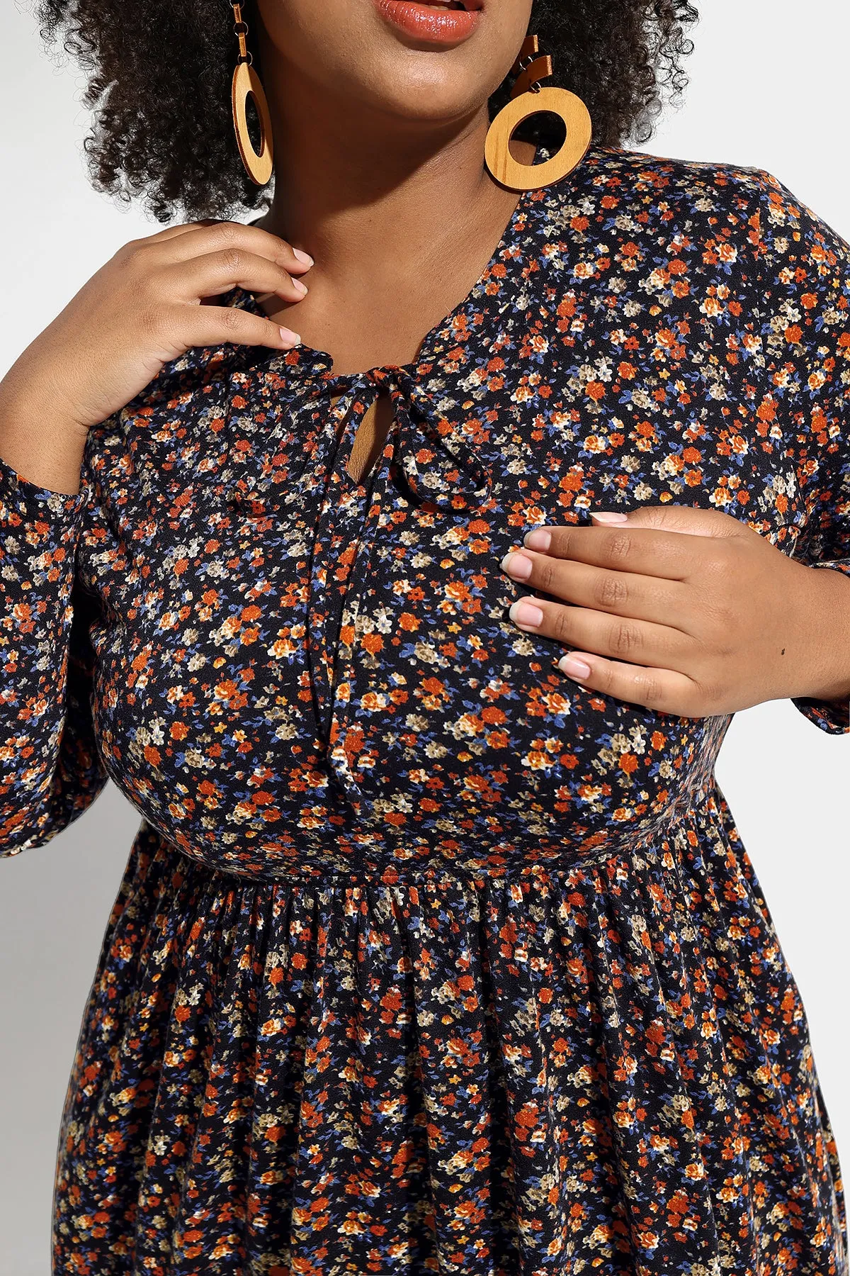 Floral Drawstring V Neck Flowy Pockets Midi Dress