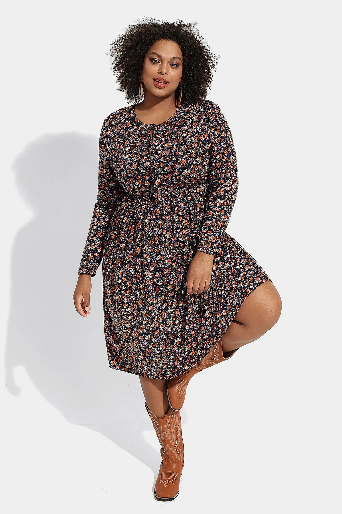 Floral Drawstring V Neck Flowy Pockets Midi Dress