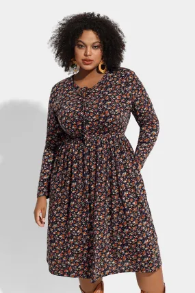 Floral Drawstring V Neck Flowy Pockets Midi Dress