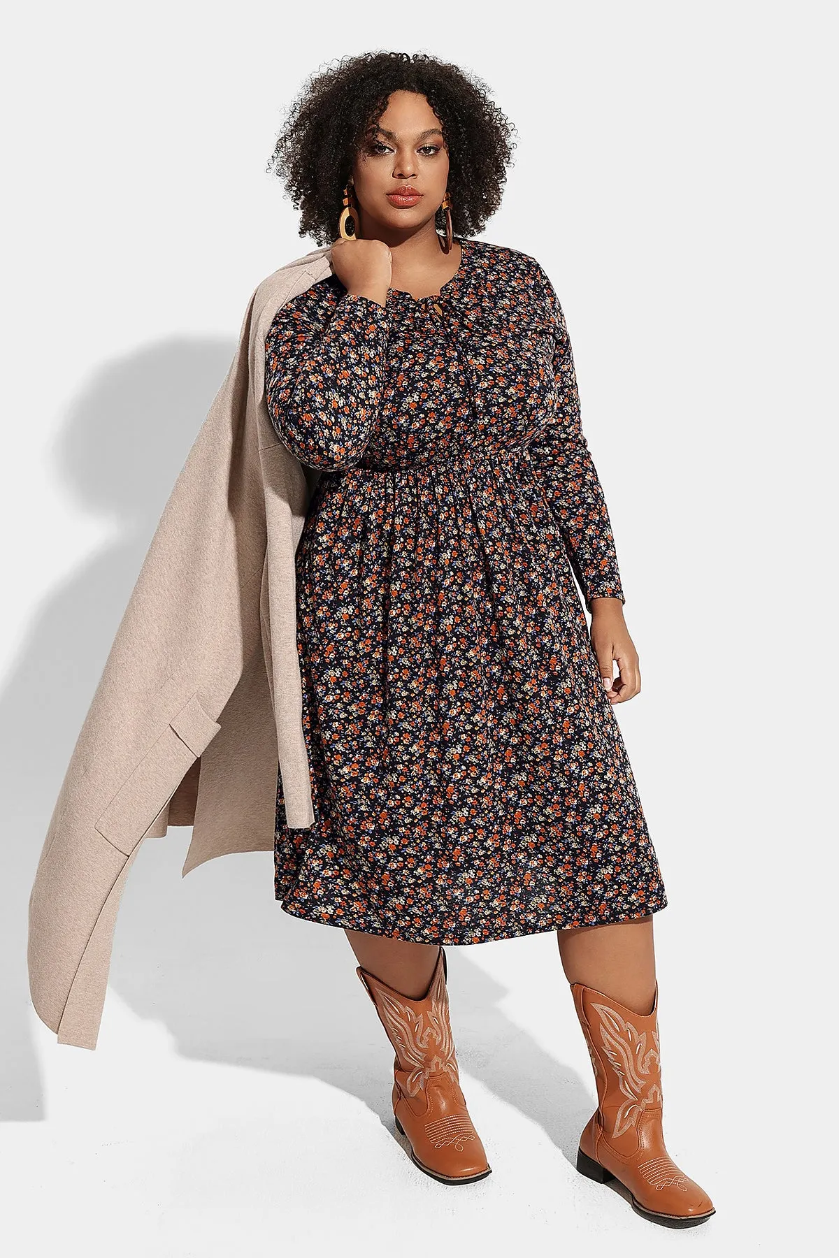 Floral Drawstring V Neck Flowy Pockets Midi Dress