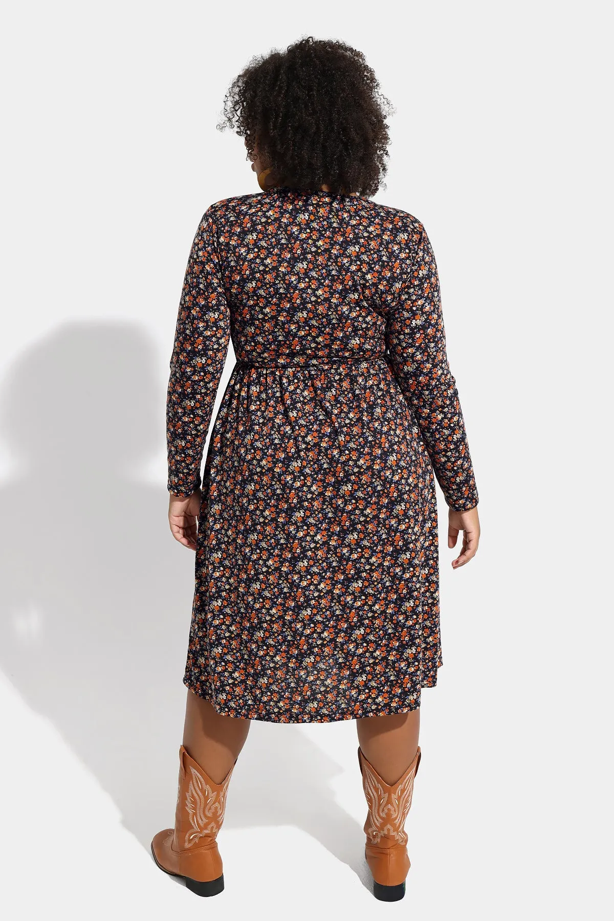 Floral Drawstring V Neck Flowy Pockets Midi Dress