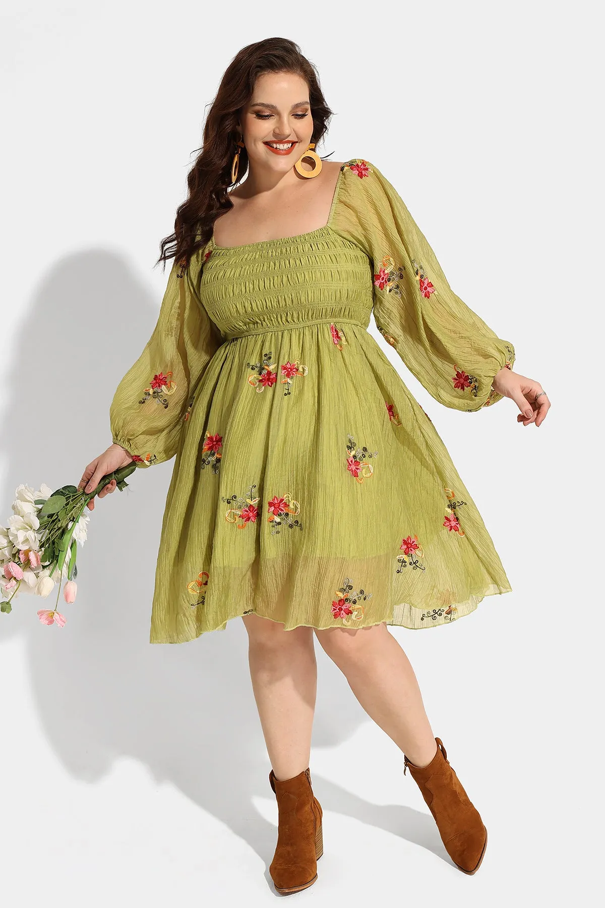 Floral Flowy Shirred Square Neck A-line Midi Dress