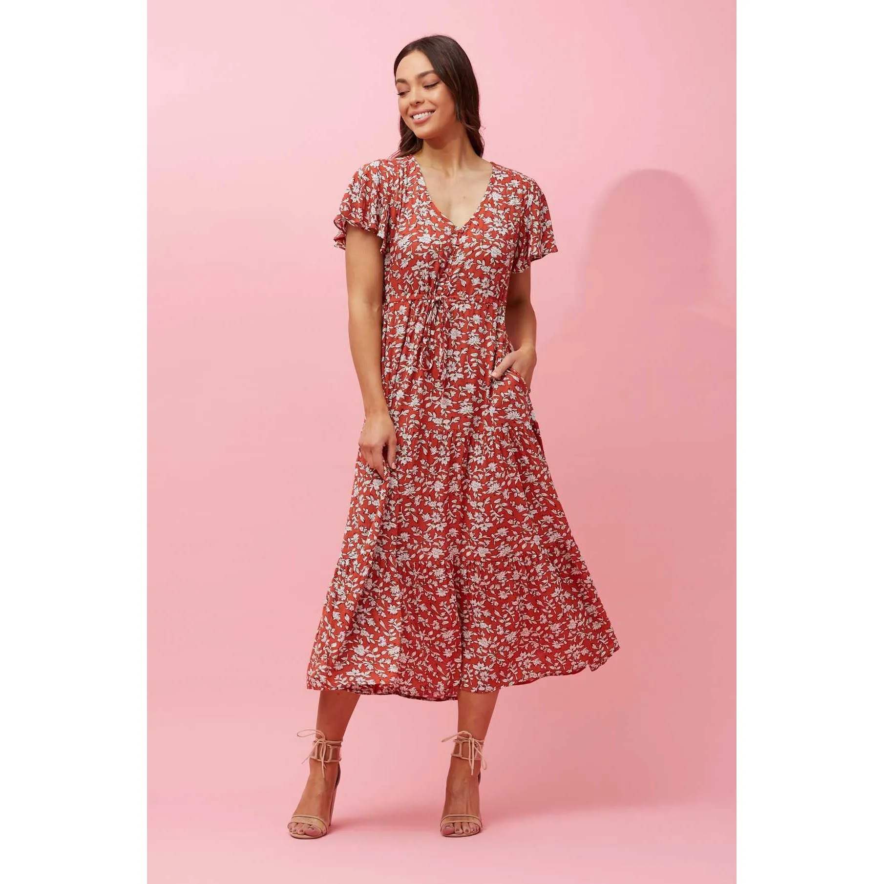 Floral Midi Dress - Rust