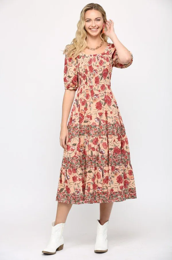 Floral Print Mixed and Smocked Bodice Midi Dress with Square Neck