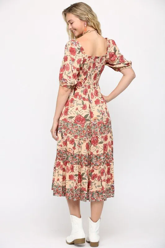 Floral Print Mixed and Smocked Bodice Midi Dress with Square Neck