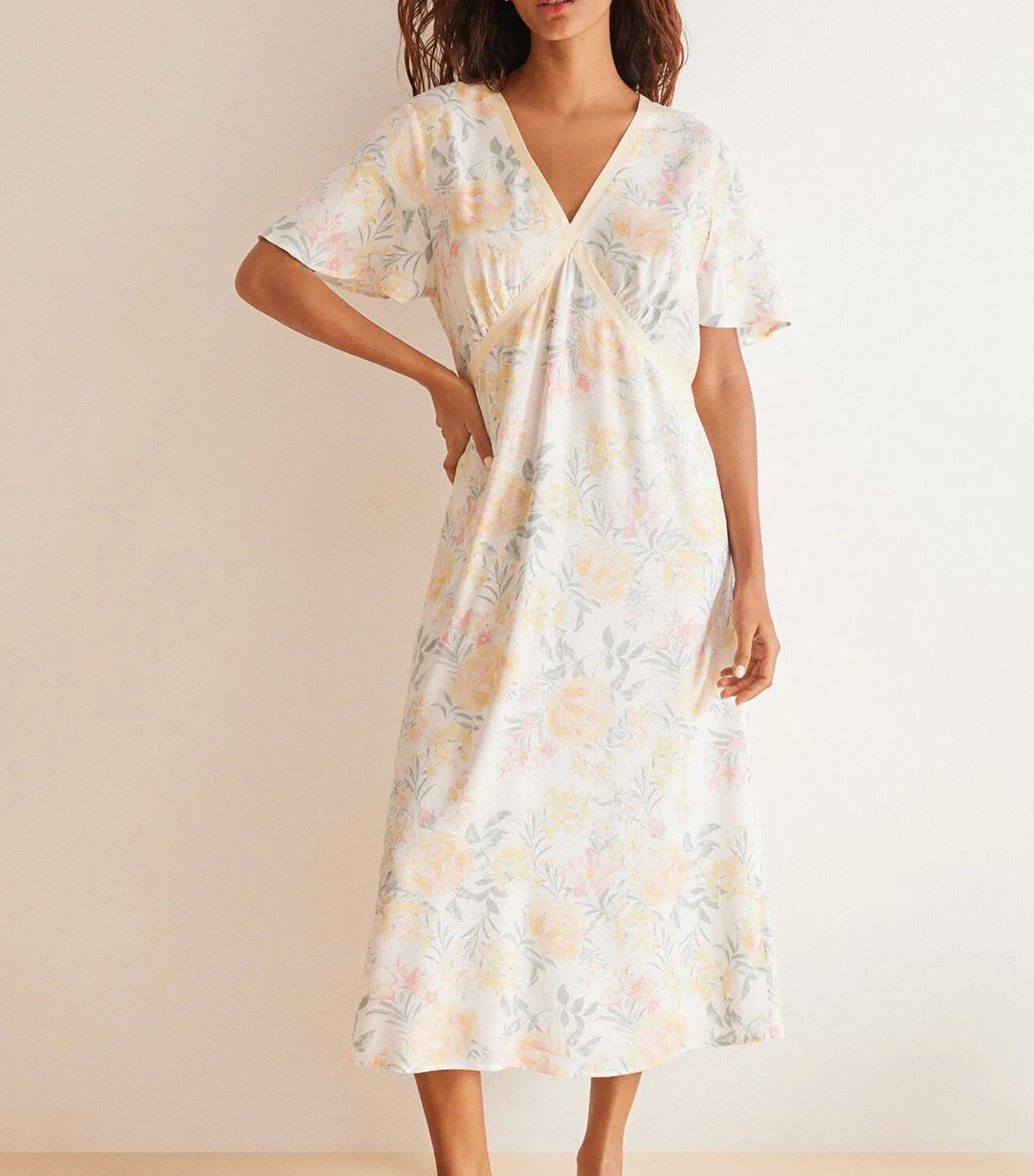 Floral Print Viscose Midi Dress Ivory