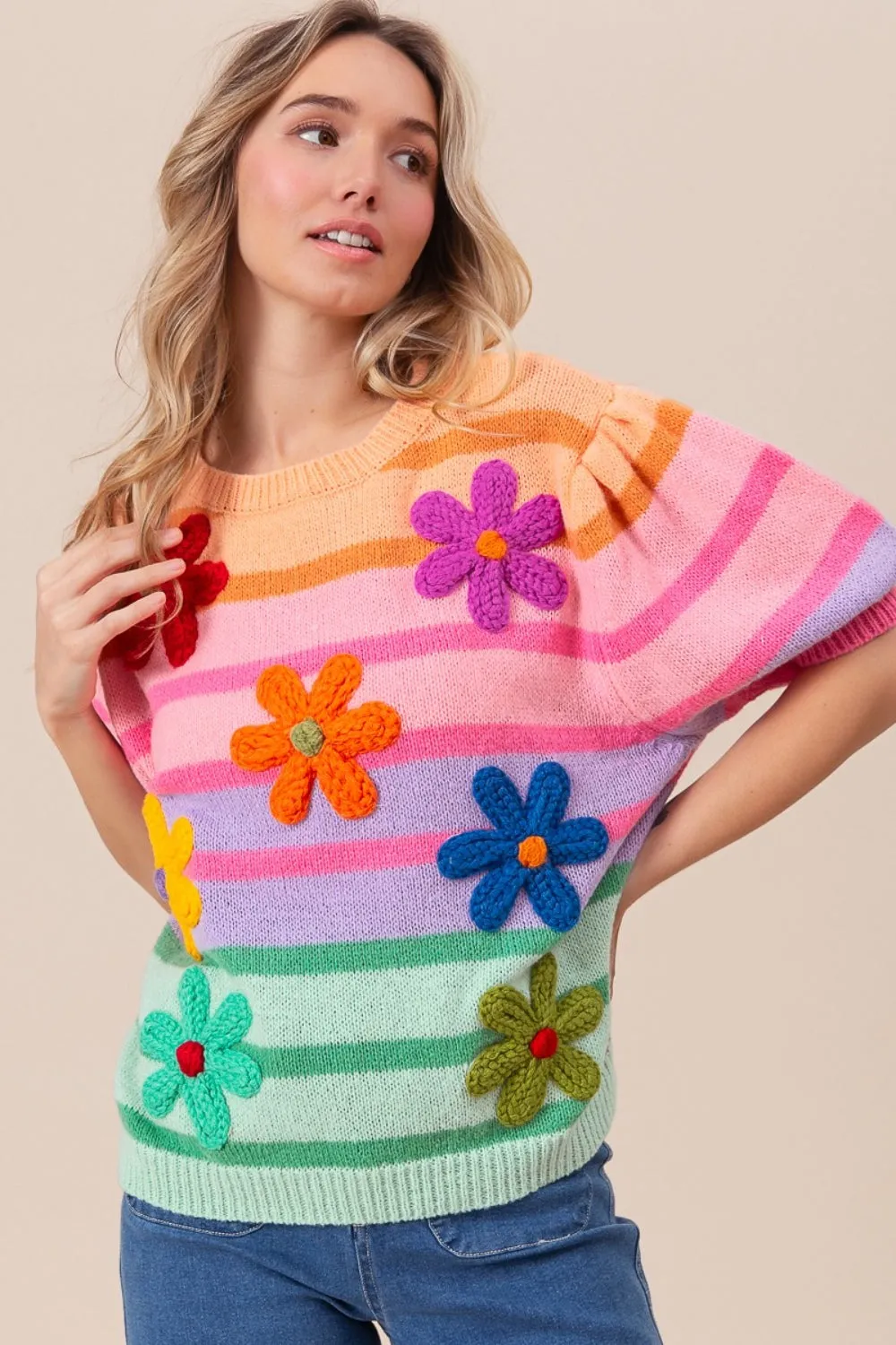 Flower Patch Puff Sleeve Striped Sweater