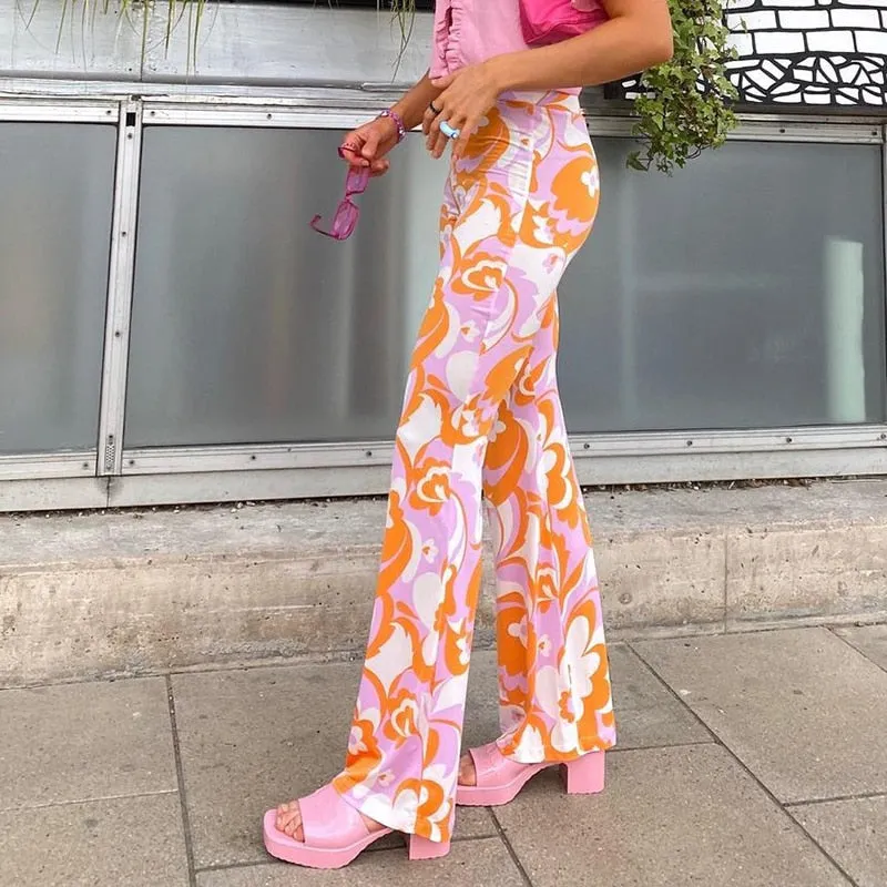 Flower Power Bell Bottoms Groovy Pink Orange White Floral Print High Waist Stretch Hippie Flare Pants Available In Small Medium Or Large