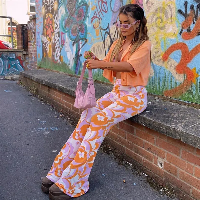 Flower Power Bell Bottoms Groovy Pink Orange White Floral Print High Waist Stretch Hippie Flare Pants Available In Small Medium Or Large