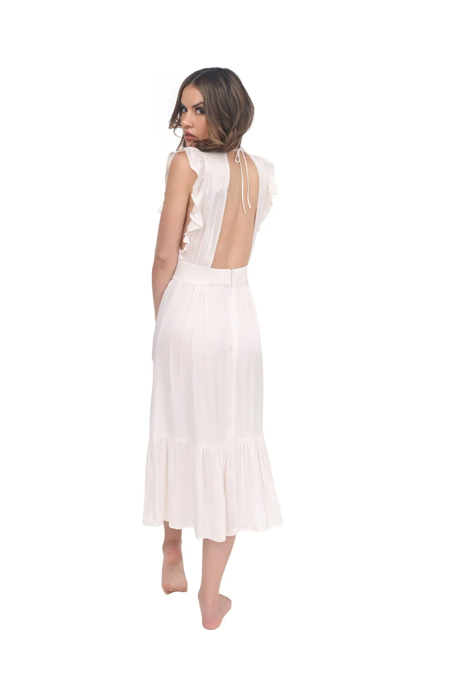 Flutter Sleeve Plunge Front Midi Dress - Ivory